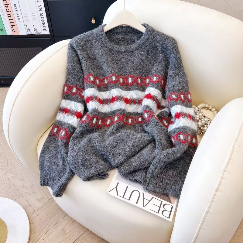 Winter Clothing Aesthetic - Женский серый рваный свитер с круглым