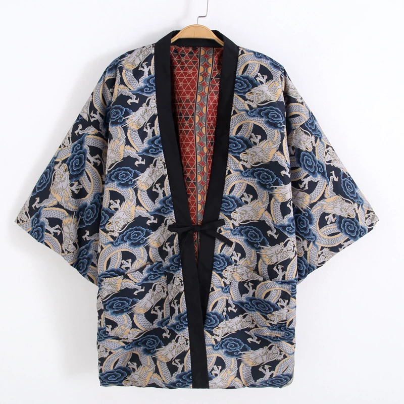 Traditional Winter Japanese Clothing - Осенне-зимнее японское пальто-хантен с принтом дракона,
